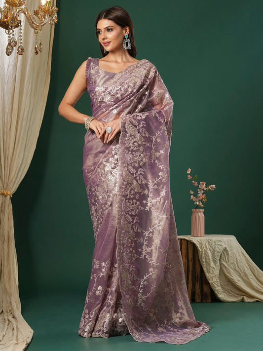 Women's Organza Mauve Embroidered Designer Saree With Blouse Piece