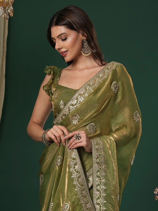 Women's Satin Silk Light Green Embroidered Designer Saree With Blouse Piece