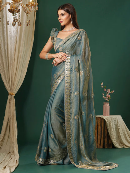 Women's Satin Silk Teal blue Embroidered Designer Saree With Blouse Piece