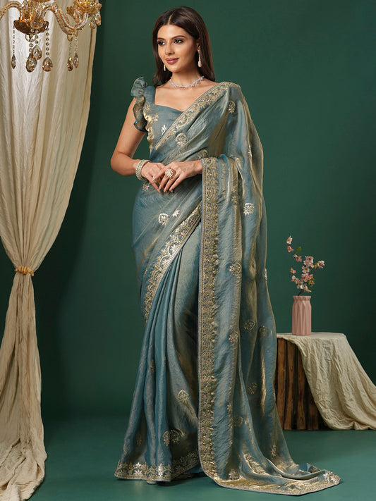 Women's Satin Silk Teal blue Embroidered Designer Saree With Blouse Piece