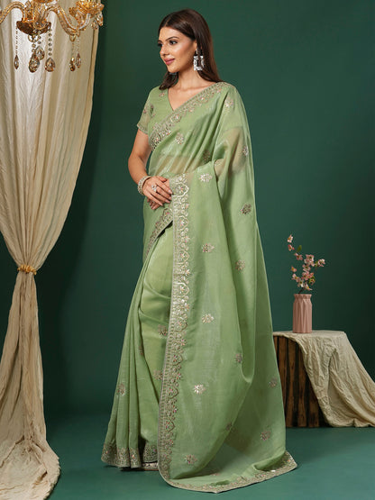 Women's Satin Silk Light Green Embroidered Designer Saree With Blouse Piece