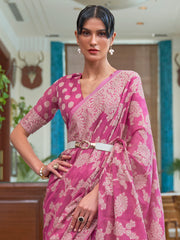 Women's Cotton Linen Pink Woven Design Designer Saree With Blouse Piece