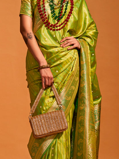 Women's Satin Silk Light Green Woven Design Designer Saree With Blouse Piece