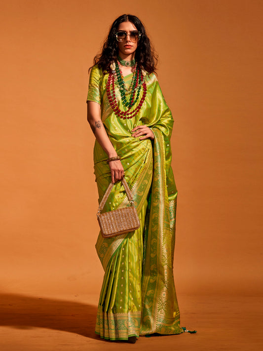 Women's Satin Silk Light Green Woven Design Designer Saree With Blouse Piece