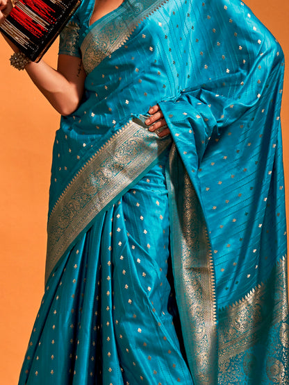 Women's Satin Silk Light Blue Woven Design Designer Saree With Blouse Piece