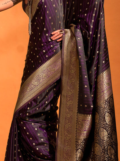Women's Satin Silk Purple Woven Design Designer Saree With Blouse Piece