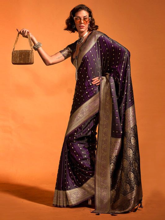 Women's Satin Silk Purple Woven Design Designer Saree With Blouse Piece