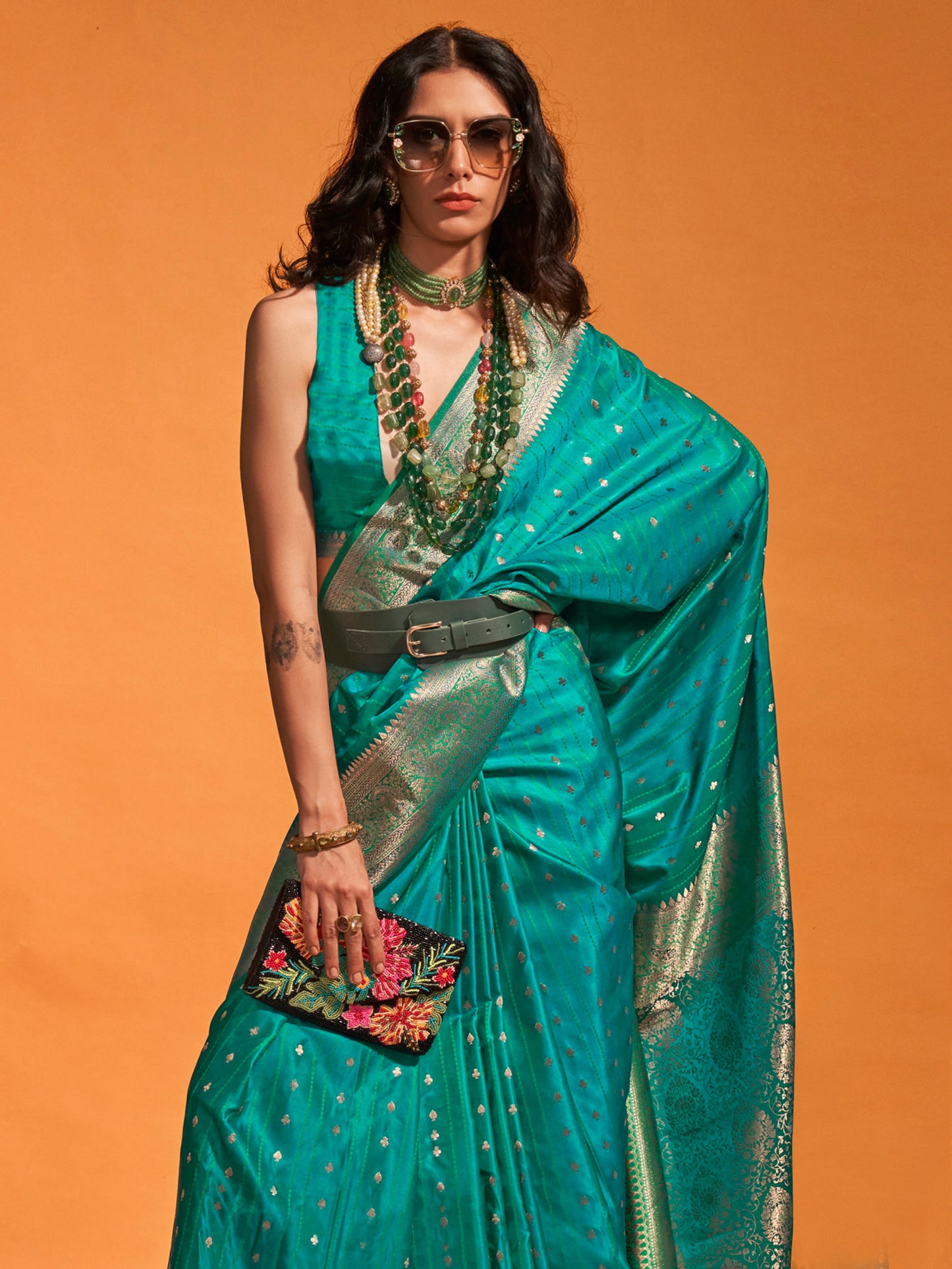 Women's Satin Silk Teal blue Woven Design Designer Saree With Blouse Piece