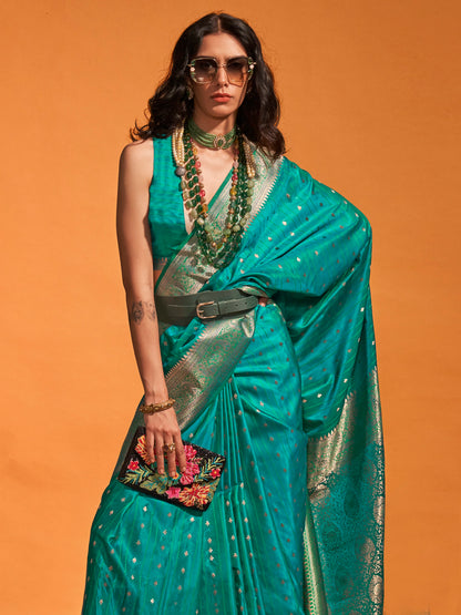 Women's Satin Silk Teal blue Woven Design Designer Saree With Blouse Piece