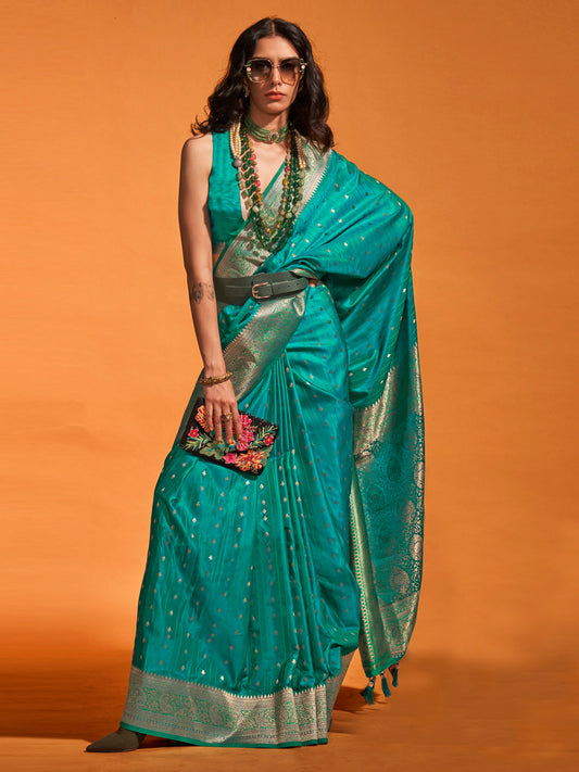 Women's Satin Silk Teal blue Woven Design Designer Saree With Blouse Piece