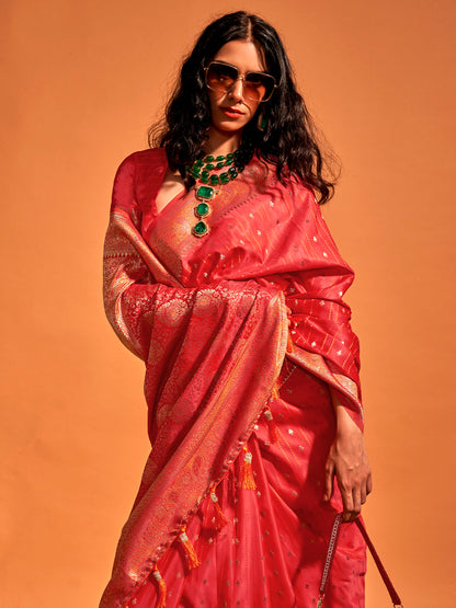 Women's Satin Silk Red Woven Design Designer Saree With Blouse Piece