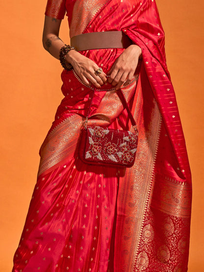 Women's Satin Silk Red Woven Design Designer Saree With Blouse Piece