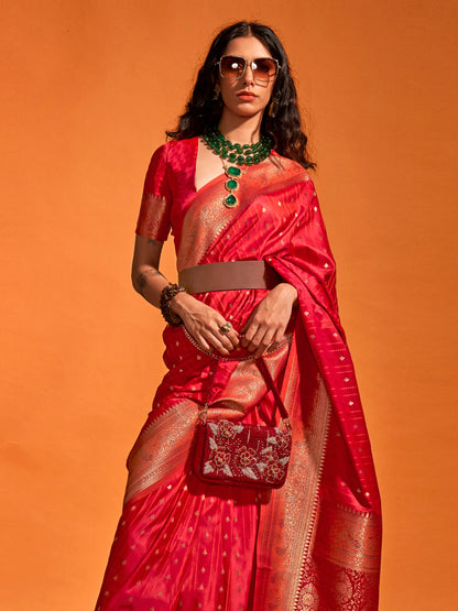 Women's Satin Silk Red Woven Design Designer Saree With Blouse Piece