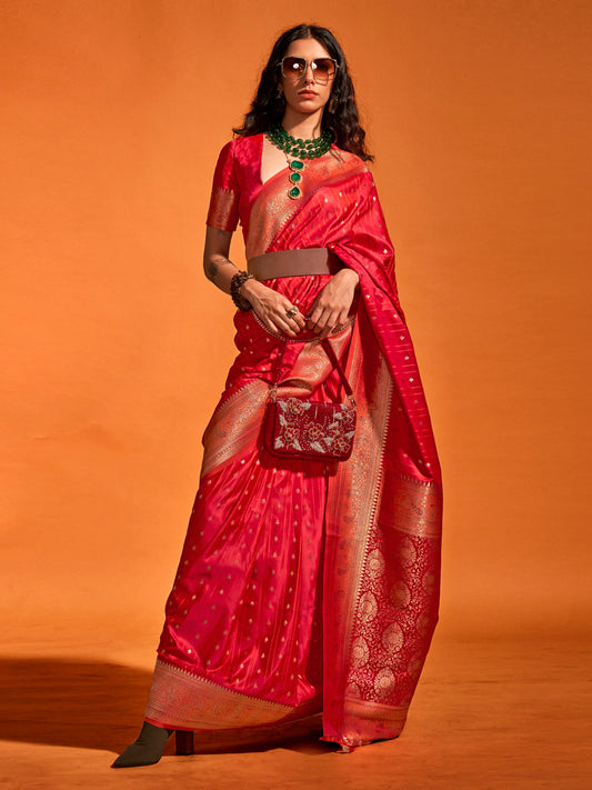 Women's Satin Silk Red Woven Design Designer Saree With Blouse Piece