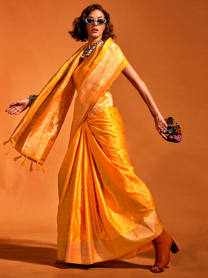 Women's Satin Silk Yellow Woven Design Designer Saree With Blouse Piece