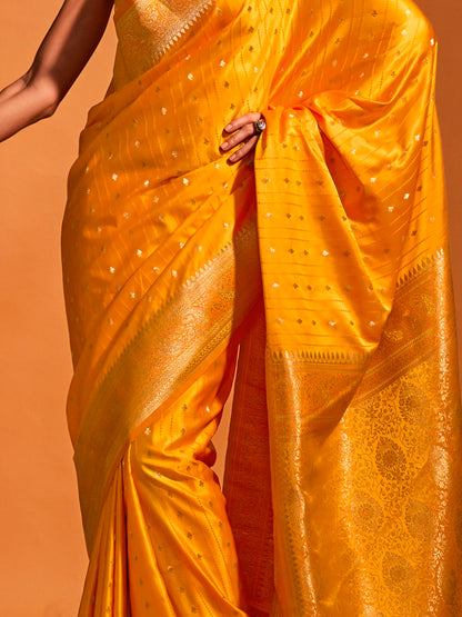 Women's Satin Silk Yellow Woven Design Designer Saree With Blouse Piece