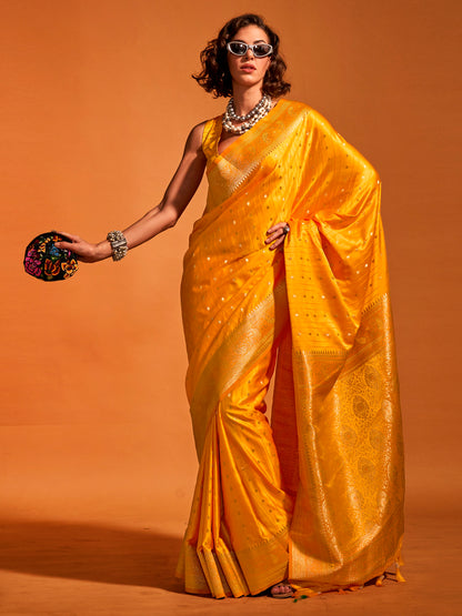 Women's Satin Silk Yellow Woven Design Designer Saree With Blouse Piece