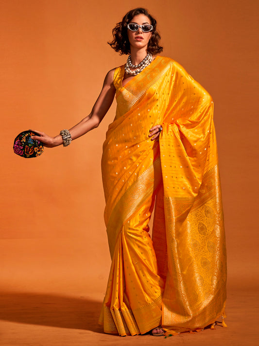 Women's Satin Silk Yellow Woven Design Designer Saree With Blouse Piece
