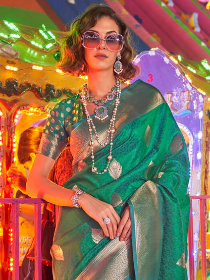 Women's Silk Blend Green Woven Design Designer Saree With Blouse Piece