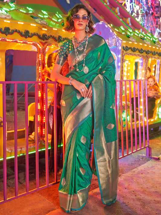 Women's Silk Blend Green Woven Design Designer Saree With Blouse Piece
