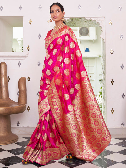 Women's Satin Silk Pink Woven Design Designer Saree With Blouse Piece
