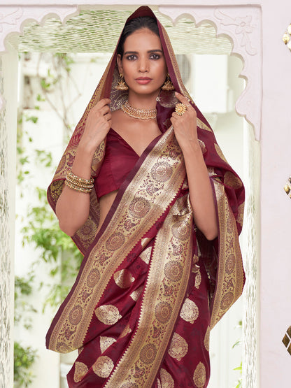 Women's Satin Silk Maroon Woven Design Designer Saree With Blouse Piece