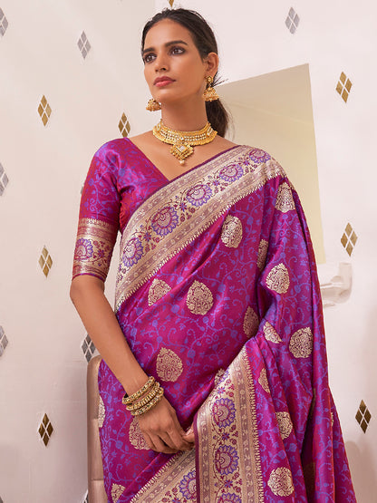 Women's Satin Silk Magenta Woven Design Designer Saree With Blouse Piece