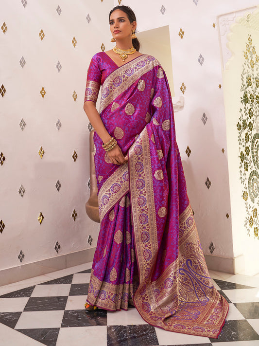 Women's Satin Silk Magenta Woven Design Designer Saree With Blouse Piece