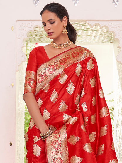 Women's Satin Silk Red Woven Design Designer Saree With Blouse Piece