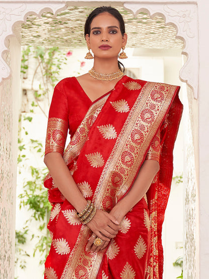 Women's Satin Silk Red Woven Design Designer Saree With Blouse Piece