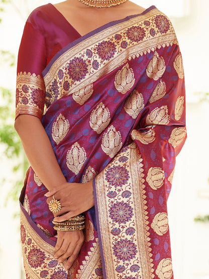 Women's Satin Silk Magenta Woven Design Designer Saree With Blouse Piece