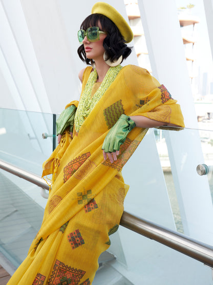 Women's Tissue Yellow Woven Design Designer Saree With Blouse Piece