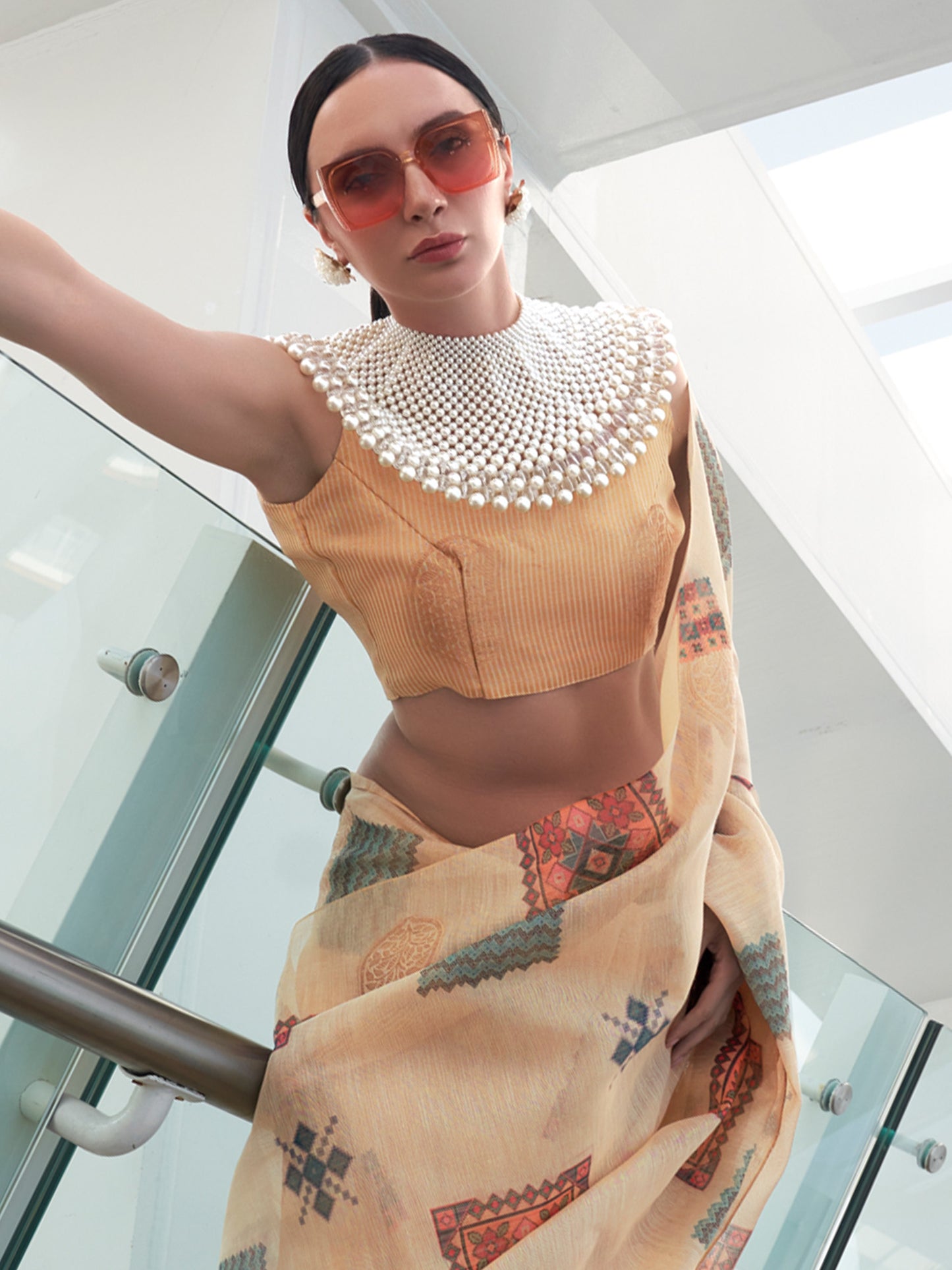 Women's Tissue Cream Woven Design Designer Saree With Blouse Piece