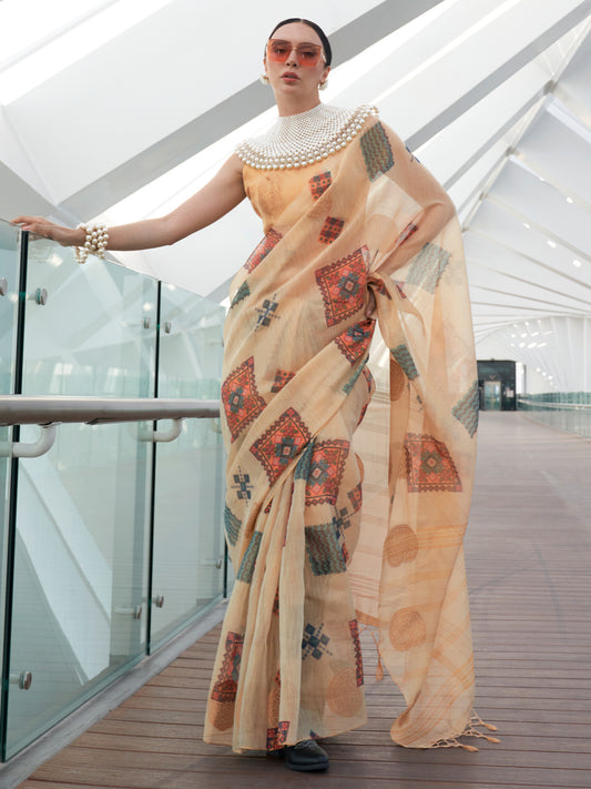 Women's Tissue Cream Woven Design Designer Saree With Blouse Piece