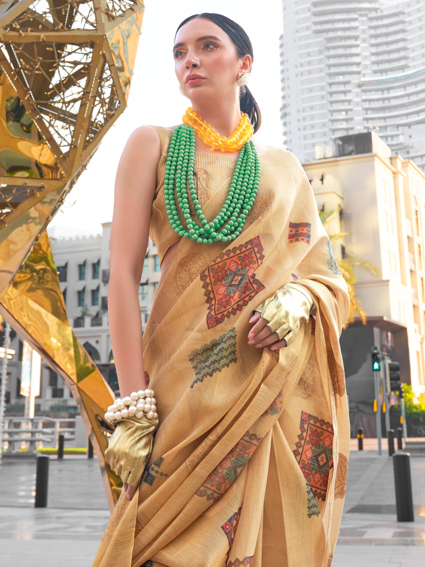Women's Tissue Beige Woven Design Designer Saree With Blouse Piece
