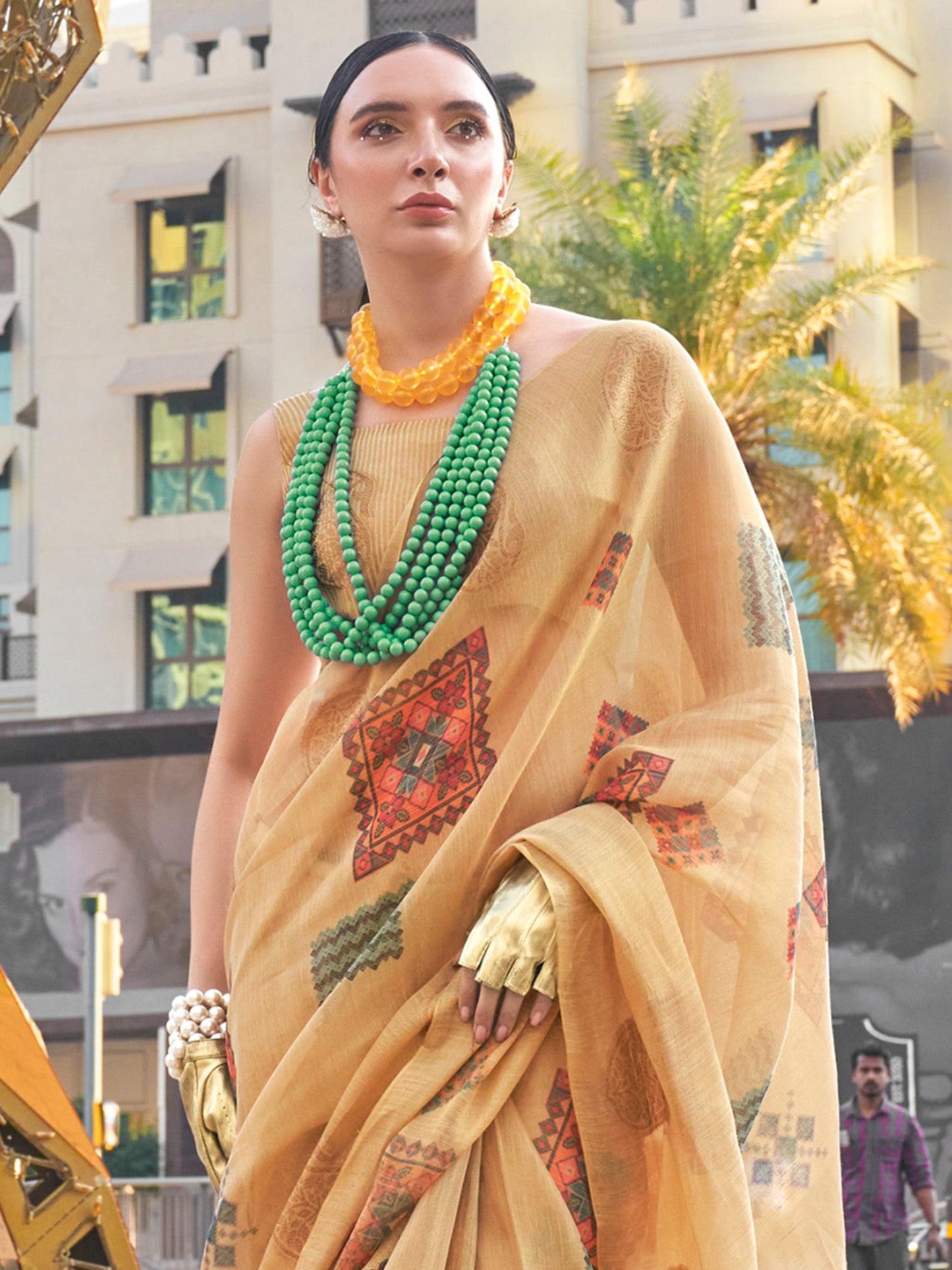 Women's Tissue Beige Woven Design Designer Saree With Blouse Piece