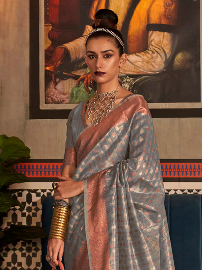 Women's Tissue Grey Woven Design Designer Saree With Blouse Piece