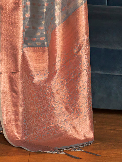 Women's Tissue Grey Woven Design Designer Saree With Blouse Piece