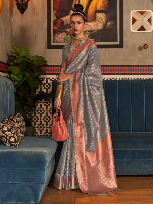 Women's Tissue Grey Woven Design Designer Saree With Blouse Piece