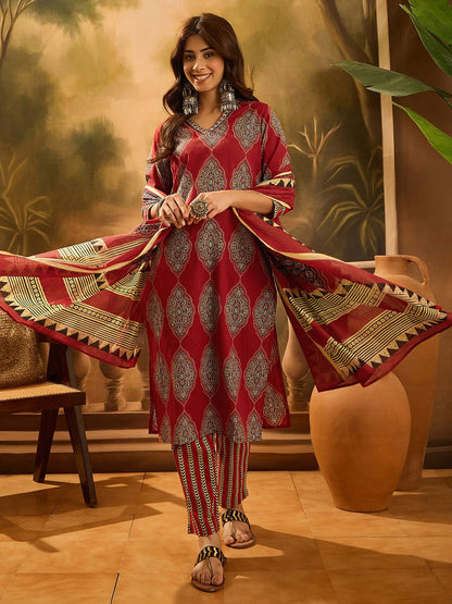 Dhiyona SN Women's Floral Printed V-Neck Sequinned Cotton Straight Kurta With Trouser & Dupatta