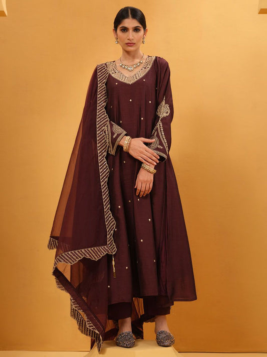 Dhiyona IS Women's Floral Embroidered Thread Work Anarkali Kurta With Trousers & Dupatta