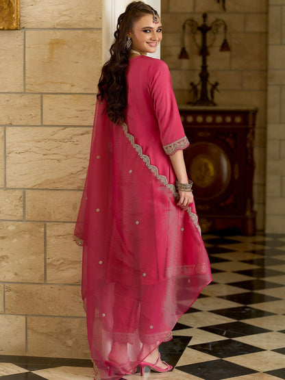 Ethnic Motifs Embroidered Notch Neck A-line Kurta With Trousers & Dupatta