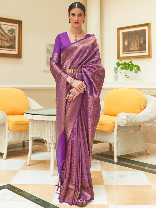 Women's Silk Blend Purple Embroidered Woven saree With Blouse Piece