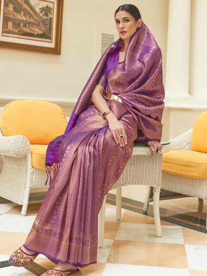 Women's Silk Blend Purple Embroidered Woven saree With Blouse Piece