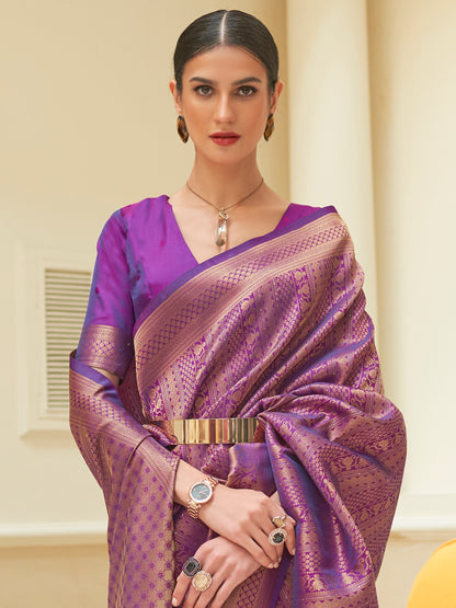 Women's Silk Blend Purple Embroidered Woven saree With Blouse Piece