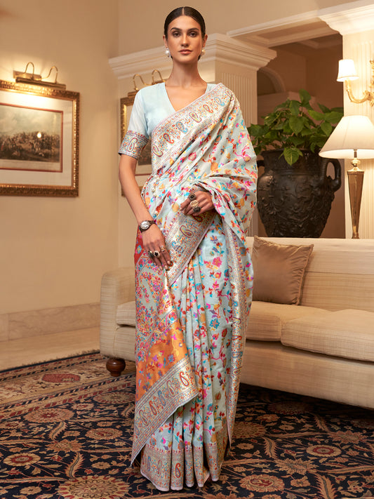 Women's Silk Blend Light Blue Woven Design Celebrity Saree With Blouse Piece