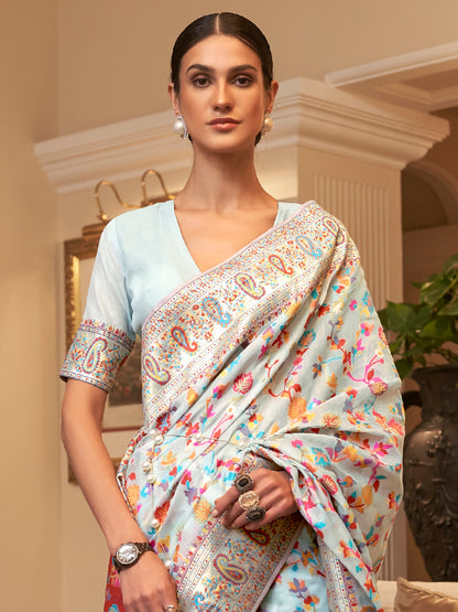 Women's Silk Blend Light Blue Woven Design Celebrity Saree With Blouse Piece
