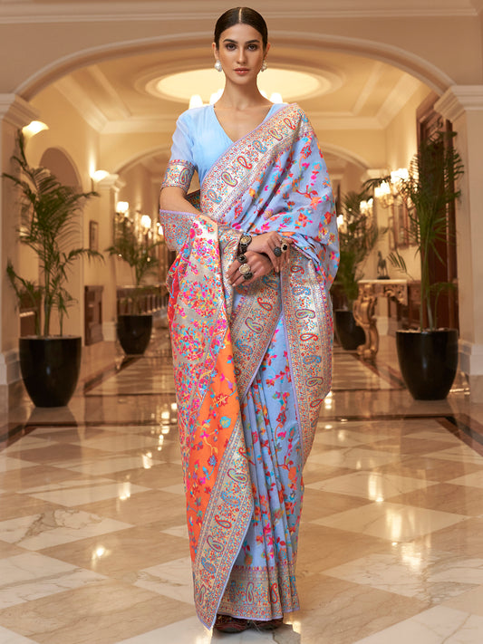 Women's Silk Blend Blue Woven Design Celebrity Saree With Blouse Piece