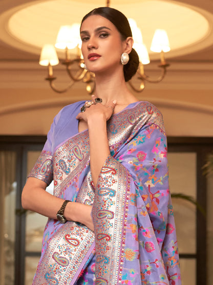 Women's Silk Blend Lavendar Woven Design Celebrity Saree With Blouse Piece
