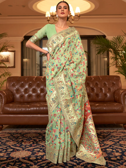 Women's Silk Blend Green Woven Design Celebrity Saree With Blouse Piece